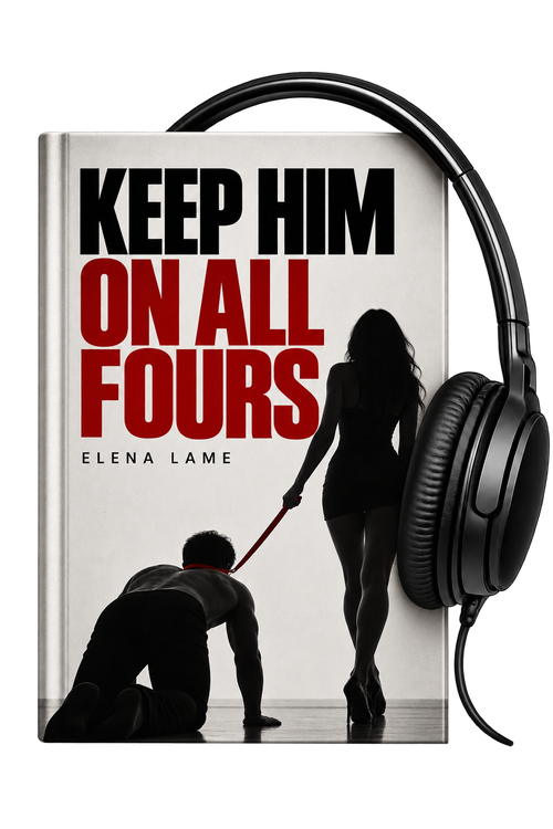 A book cover for 'Keep Him On All Fours' by Elenaame, shown with a pair of black over-ear headphones draped over the top right. The cover features bold black and red text and silhouettes of a man on all fours and a woman holding a leash.