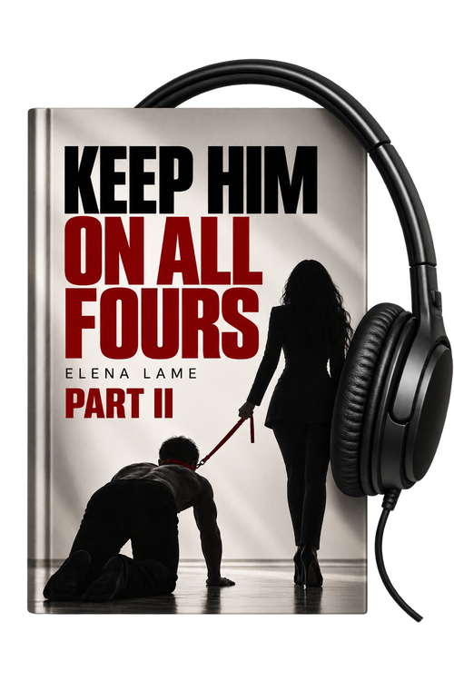 Book cover for 'Keep Him On All Fours Part II' by Elena Lace, shown with black over-ear headphones resting on top against a plain white background.